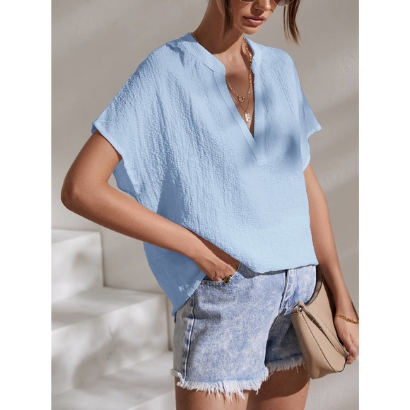 boho Notched Batwing Sleeve Blouse short sleeve hot pink - Picture 7 of 11